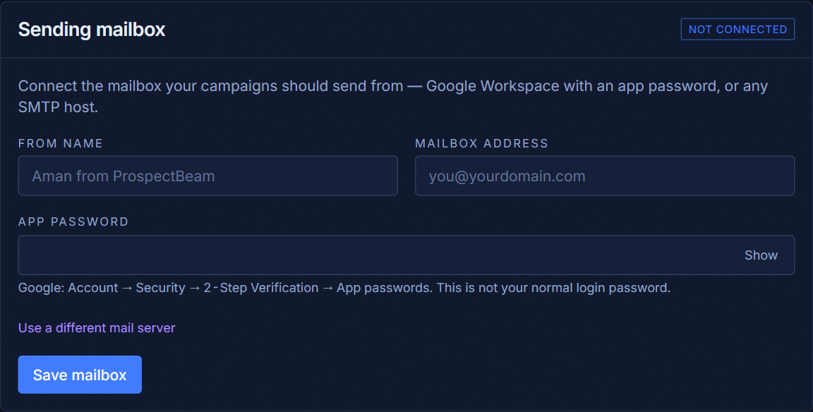 ProspectBeam — console — sending mailbox