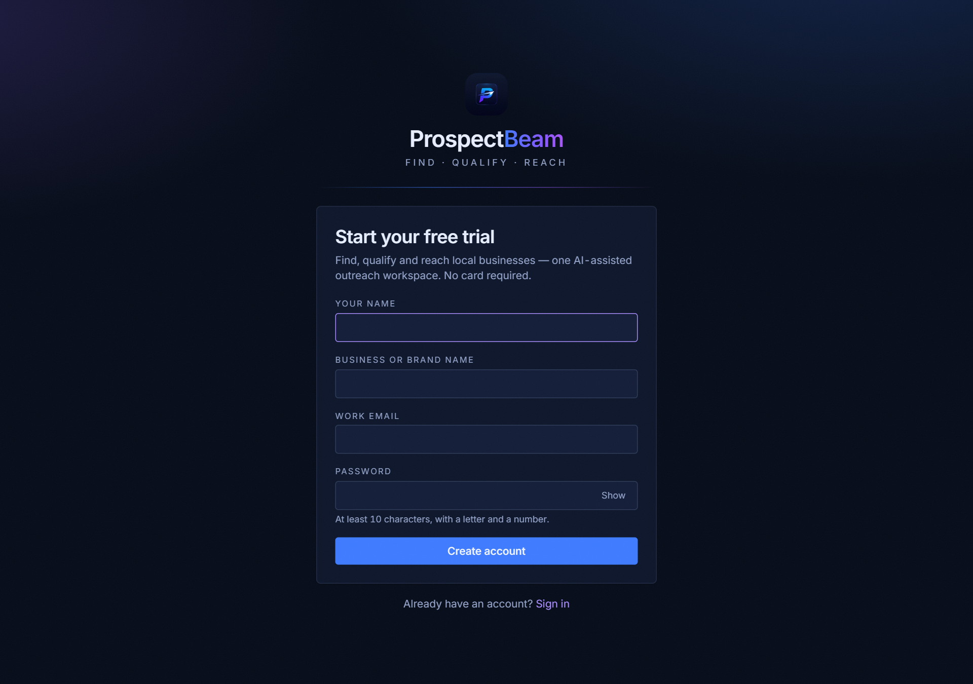 ProspectBeam — signup — a workspace in a minute